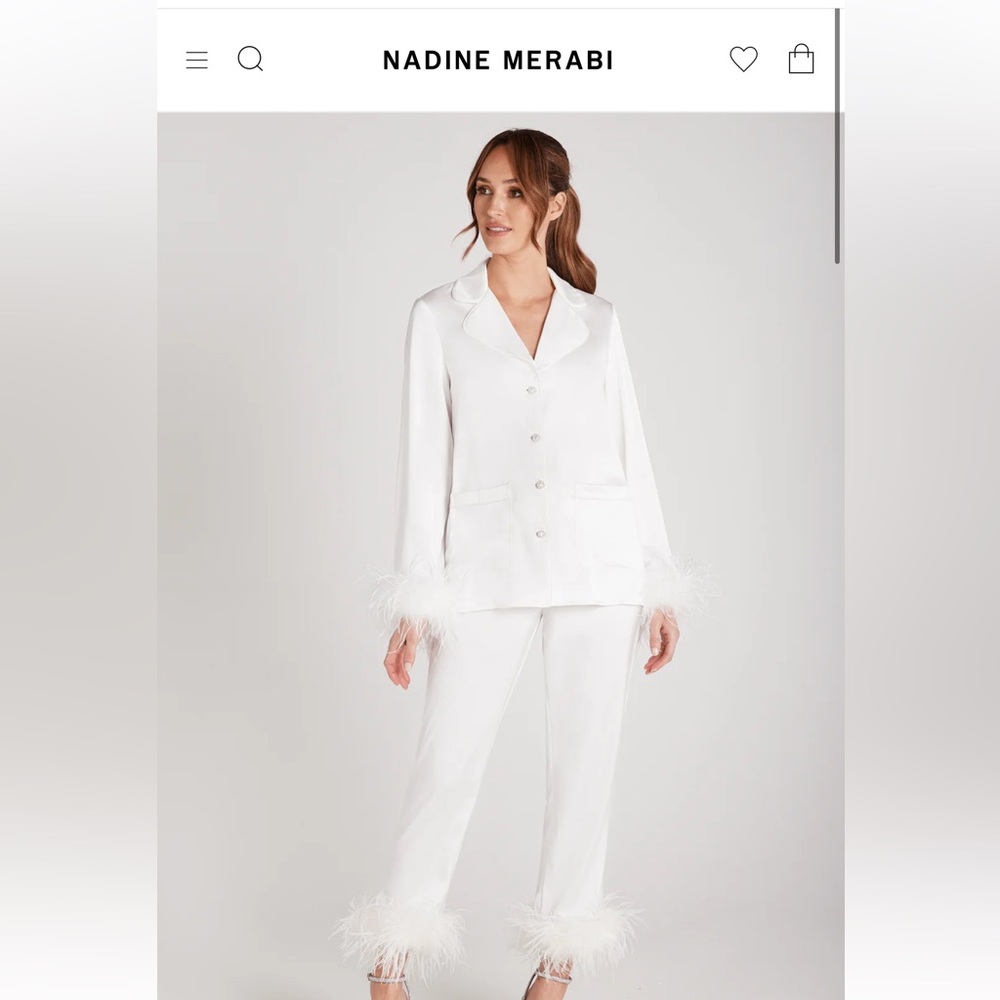 NADINE MERABI Elegant White Feather Pajama Set